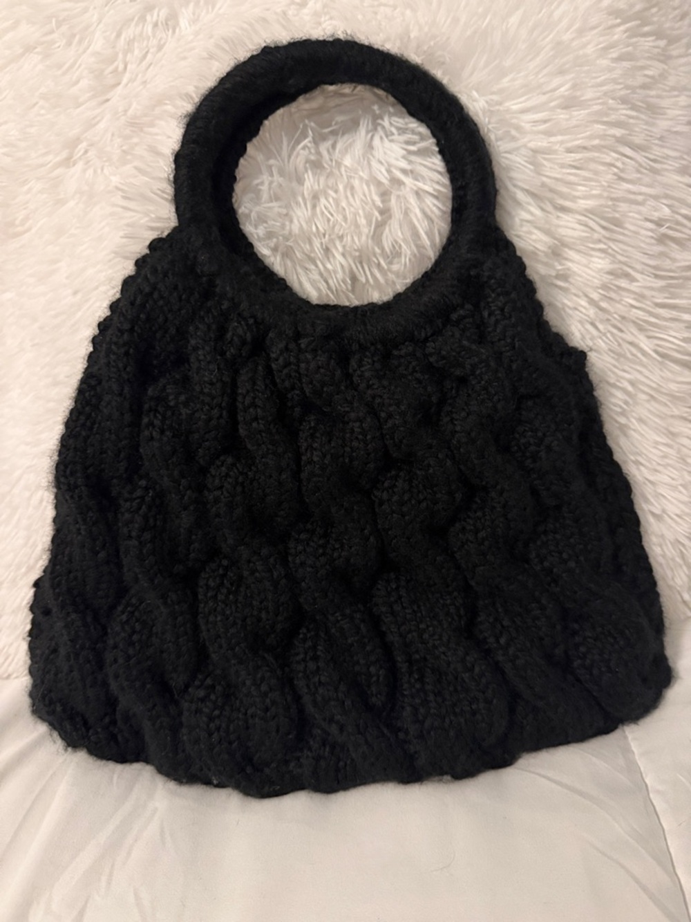 Hand-Knit Black Cable Tote Purse - Unbranded
